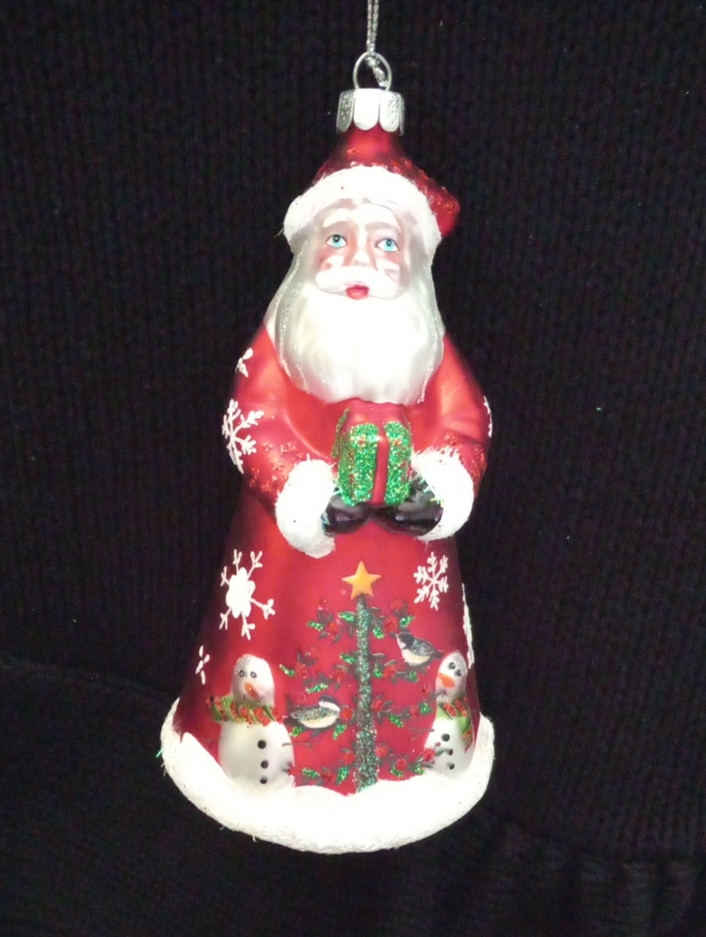 Red Glitter Santa Claus Blown Glass Ornament with Snowman Scene